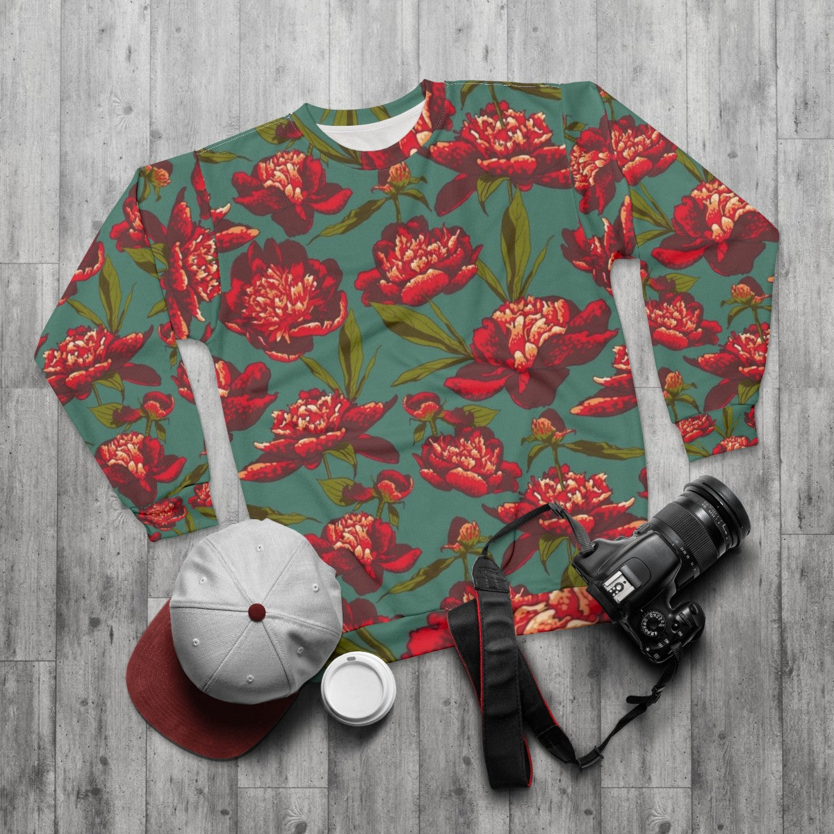 Elegant floral peony pattern sweatshirt - flat lay