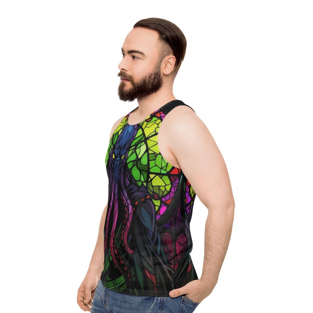 Unisex tank top featuring a fantasy horror inspired design of a Mindflayer - men side