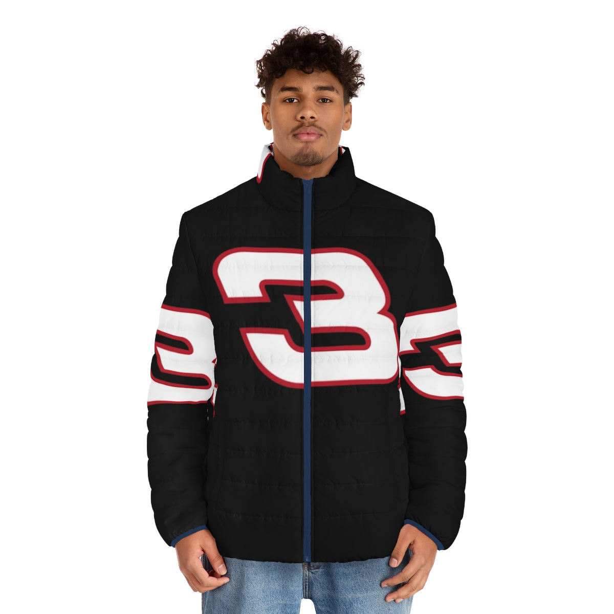 A black and white puffer jacket with the number 3 design, representing the iconic legacy of Dale Earnhardt in NASCAR racing. - men front