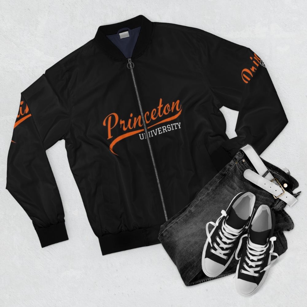 Vintage Princeton University Bomber Jacket with orange and white colors - Flat lay