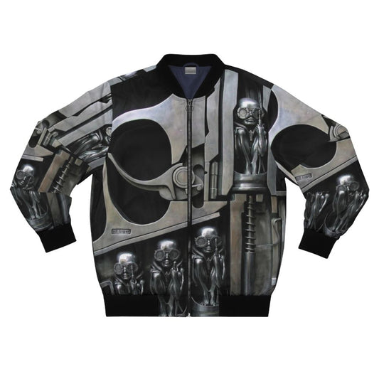 H.R. Giger-inspired bomber jacket featuring alien xenomorph sculpture design