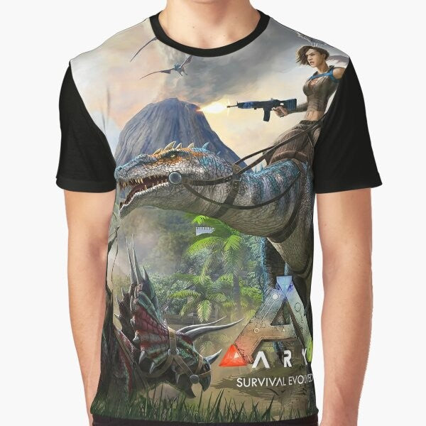 Ark Survival Evolved Dinosaur Gaming T-Shirt with graphic design featuring dinosaurs and gaming elements.