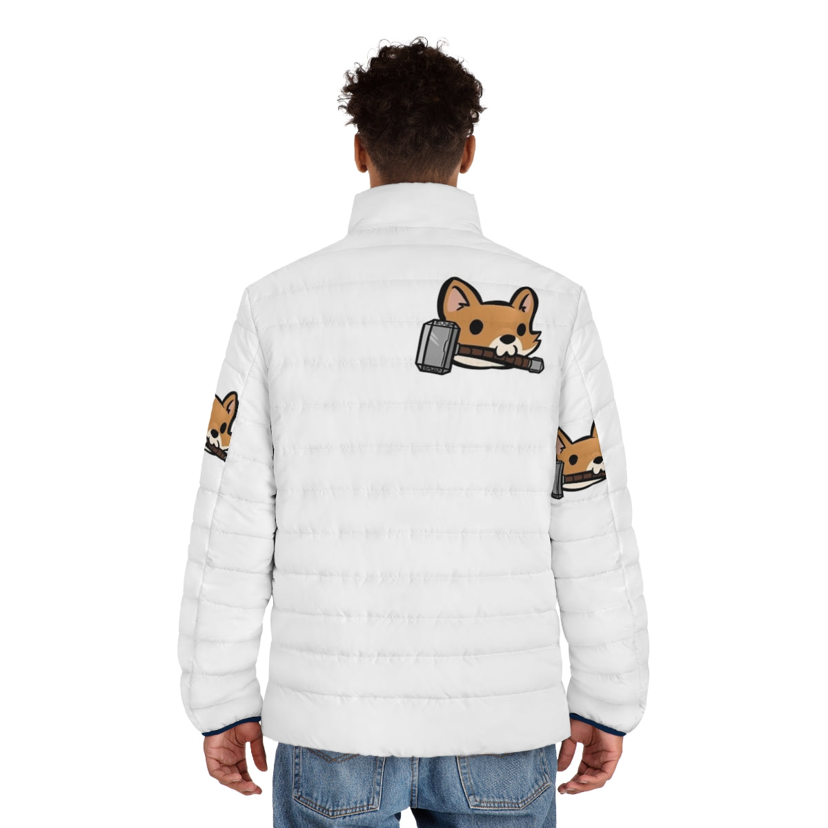 Corgi wearing a Thorgi-themed puffer jacket with Marvel's Thor design - men back