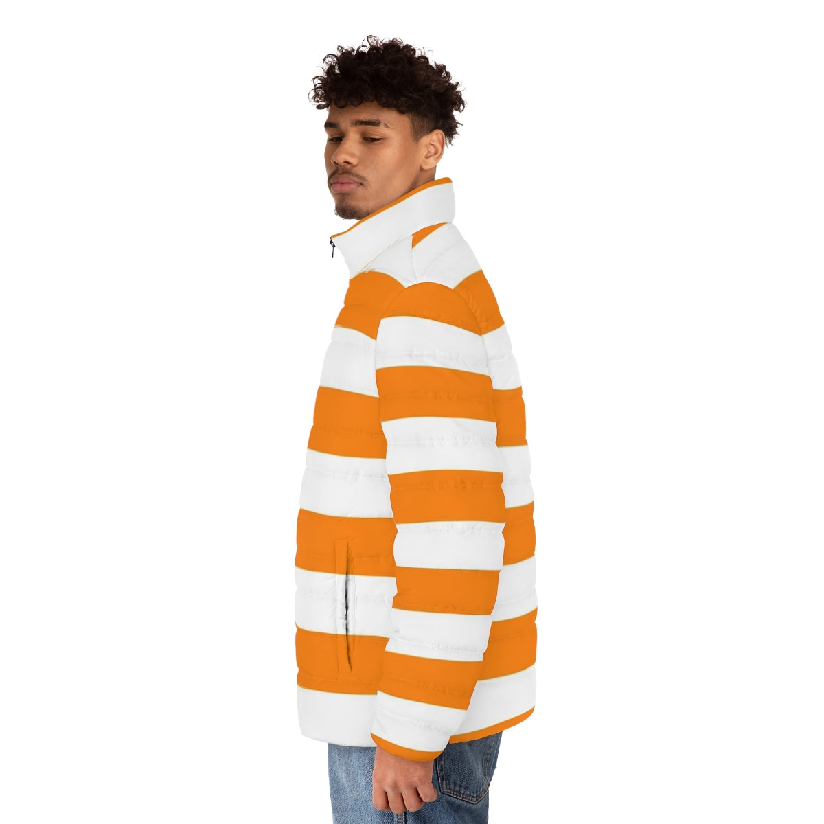 Orange and white striped puffer jacket with a bright, horizontal pattern - men side left