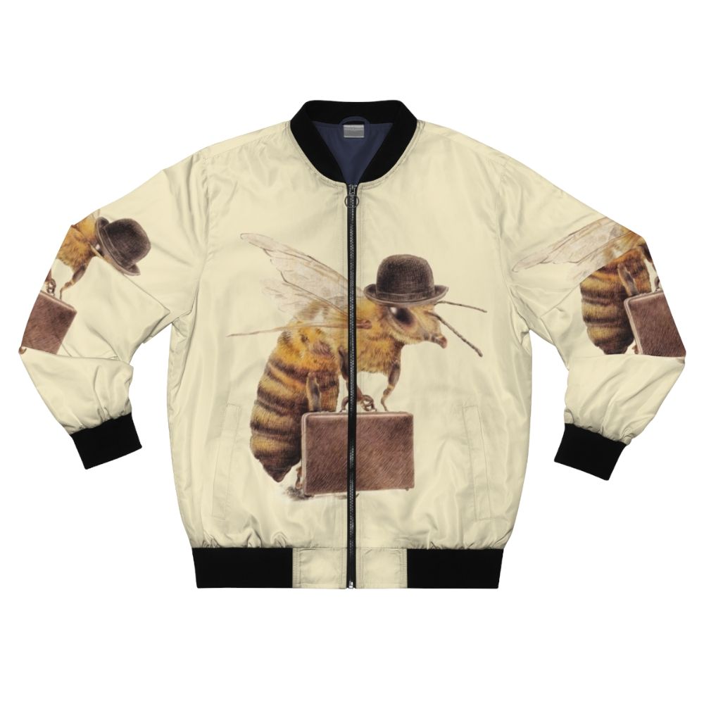 Vintage worker bee bomber jacket with yellow and black color scheme, bowler hat, and surreal design elements.