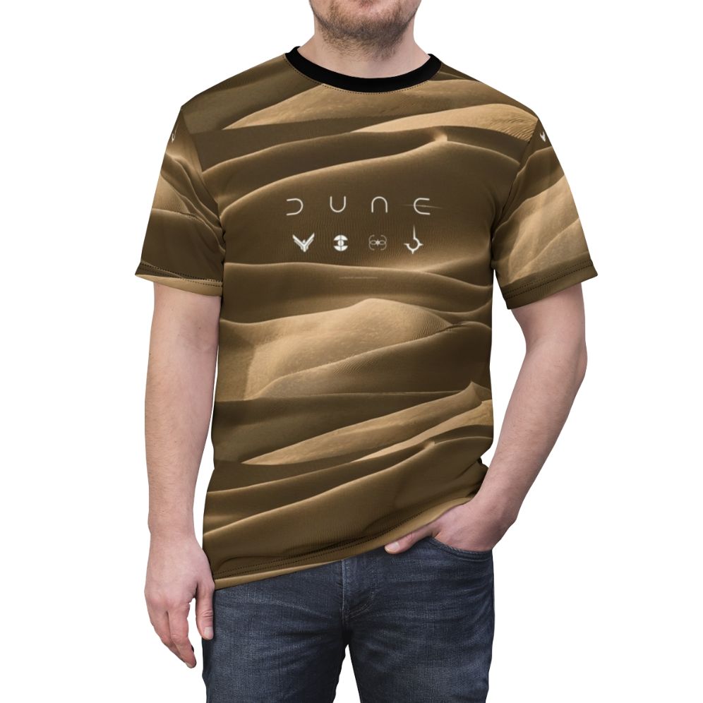 Stylized Dune faction design t-shirt featuring the Atreides, Fremen, Bene Gesserit, and Harkonnen symbols - men front