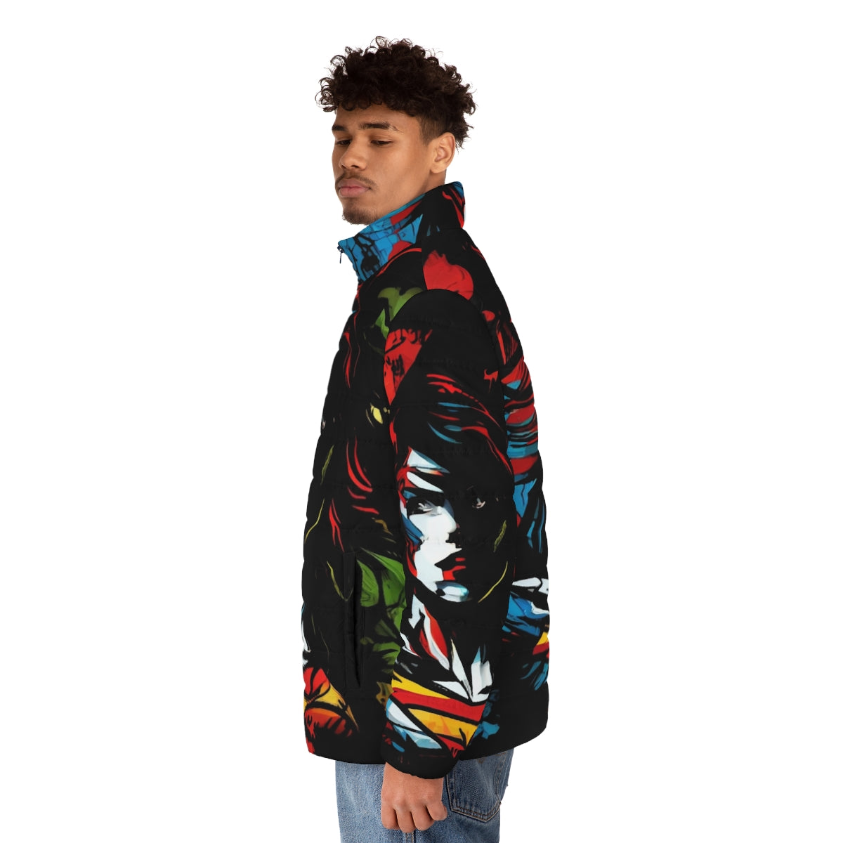 Superhero puffer jacket with iconic superhero design - men side left