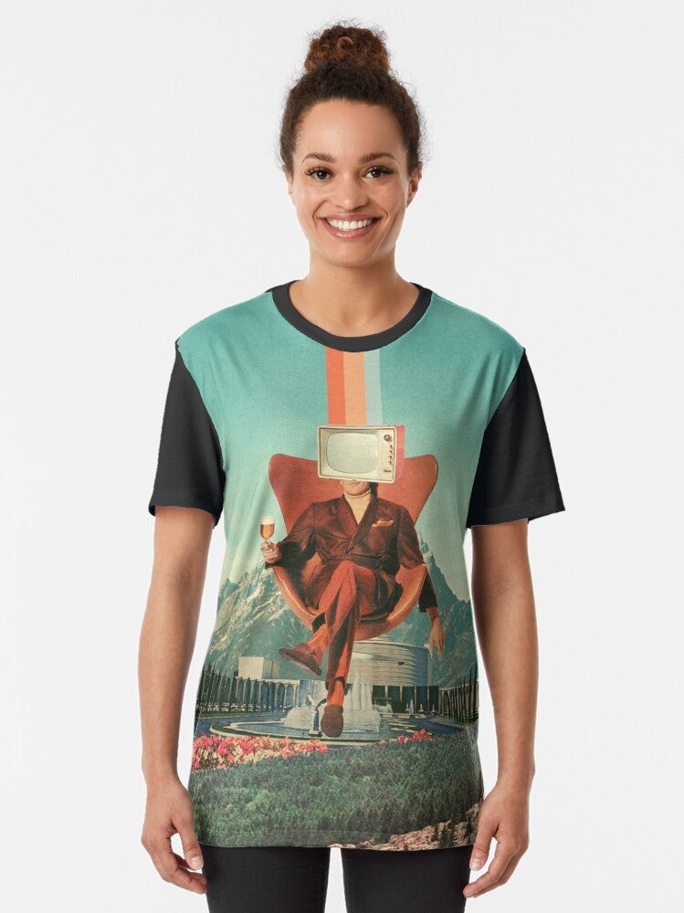 Vintage pop surrealism graphic t-shirt with a surreal collage design featuring a man, mountains, and a television set. - Women