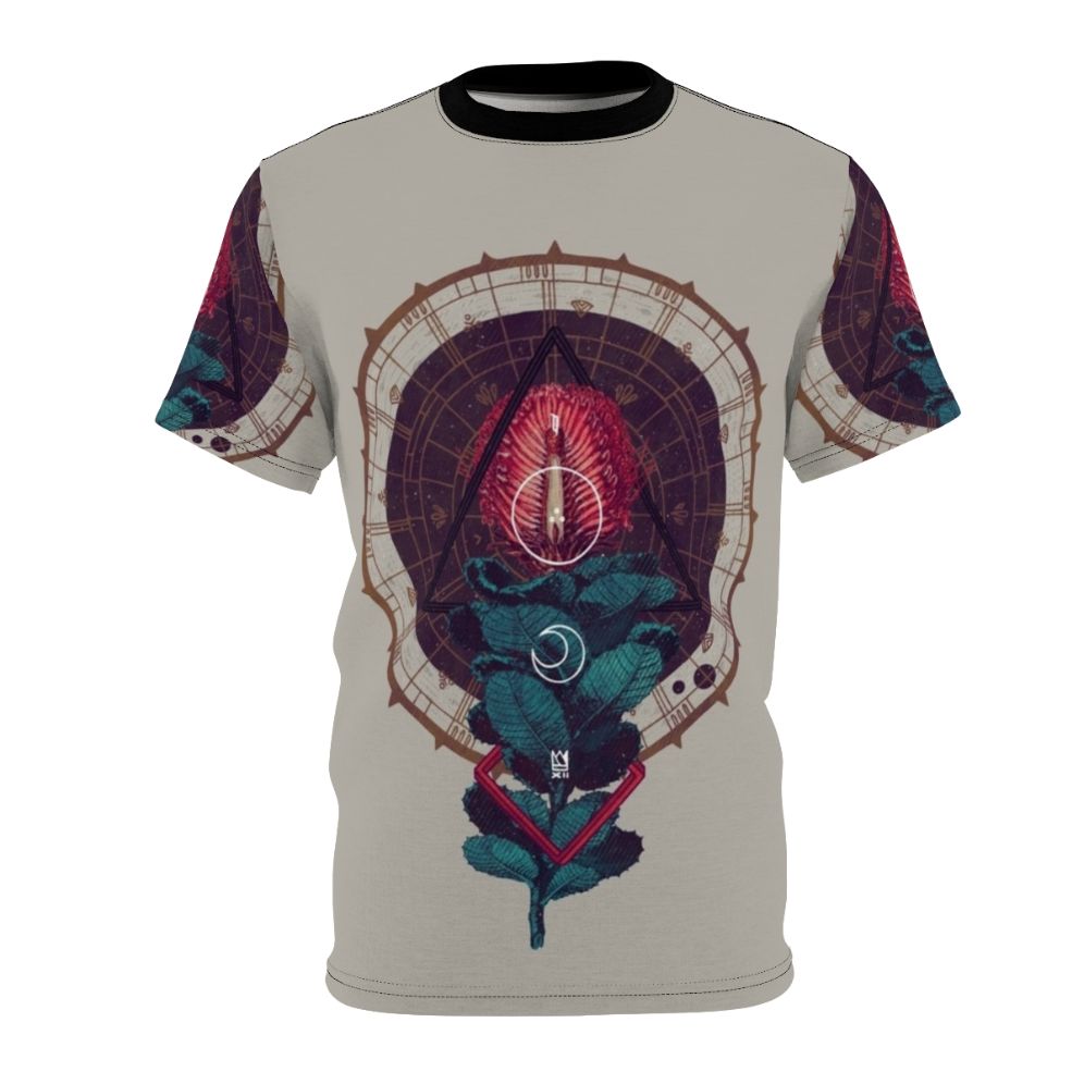 Geometric art design featuring sacred symbols and nature elements on a high-quality t-shirt.