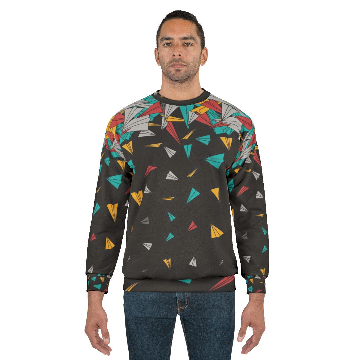 Geometric paper plane design on a colorful sweatshirt - men