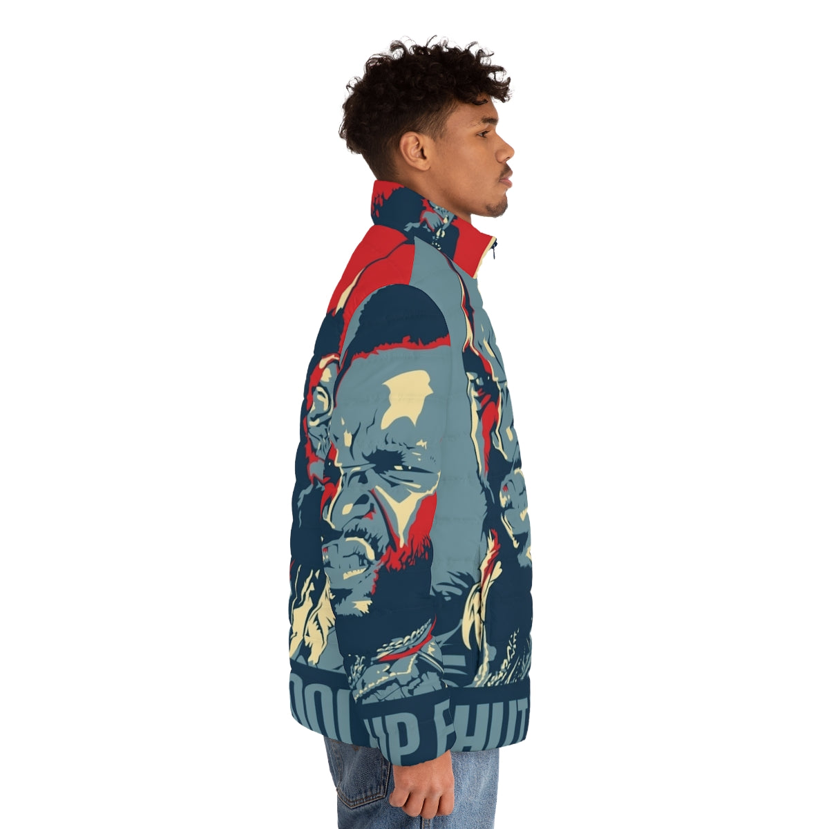 Mr T "Shut Up Fool" Puffer Jacket featuring retro A-Team inspired design - men side right