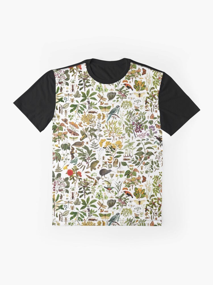 New Zealand biology graphic t-shirt with a collage design featuring butterflies, birds, insects, and native flora and fauna. - Flat lay