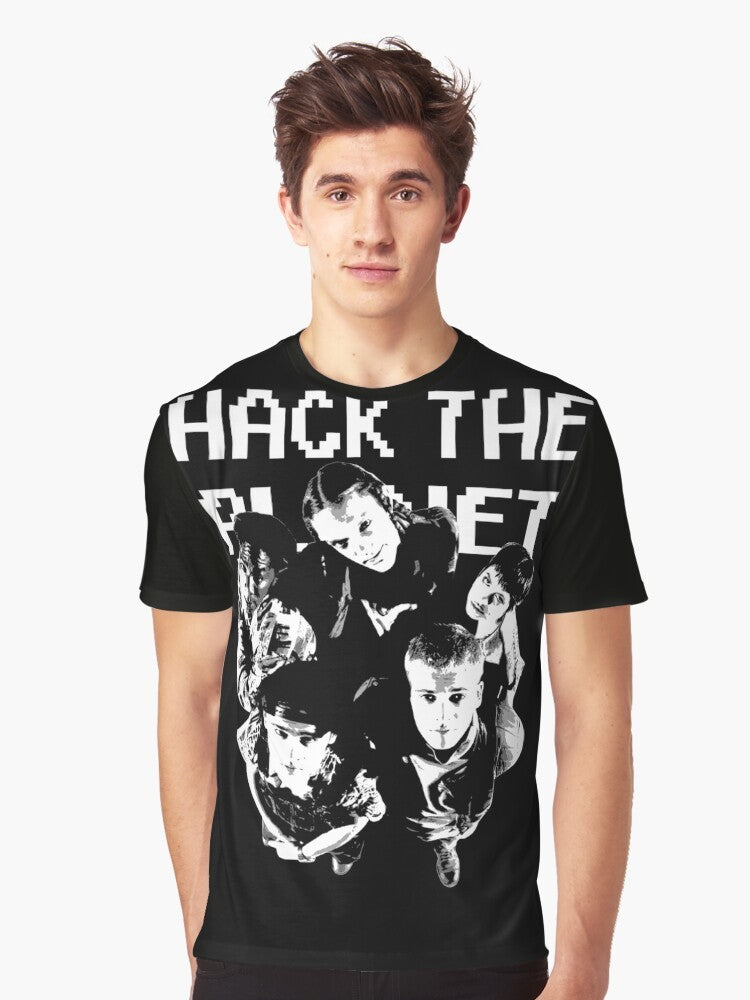 90s hackers graphic t-shirt with text "Hack the Planet" - Men