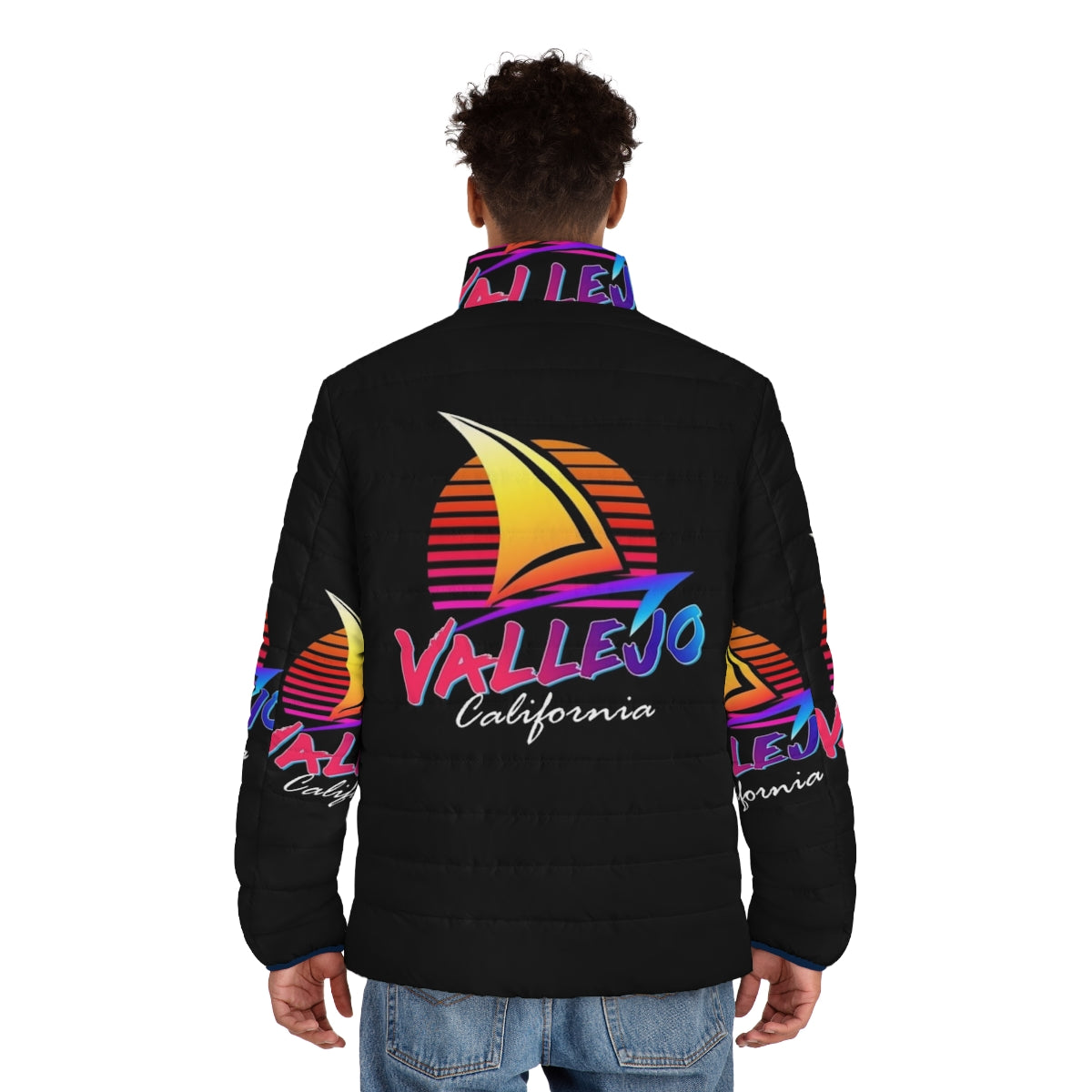 Vallejo California Retro Puffer Jacket with Sunset and Sailboat Design - men back