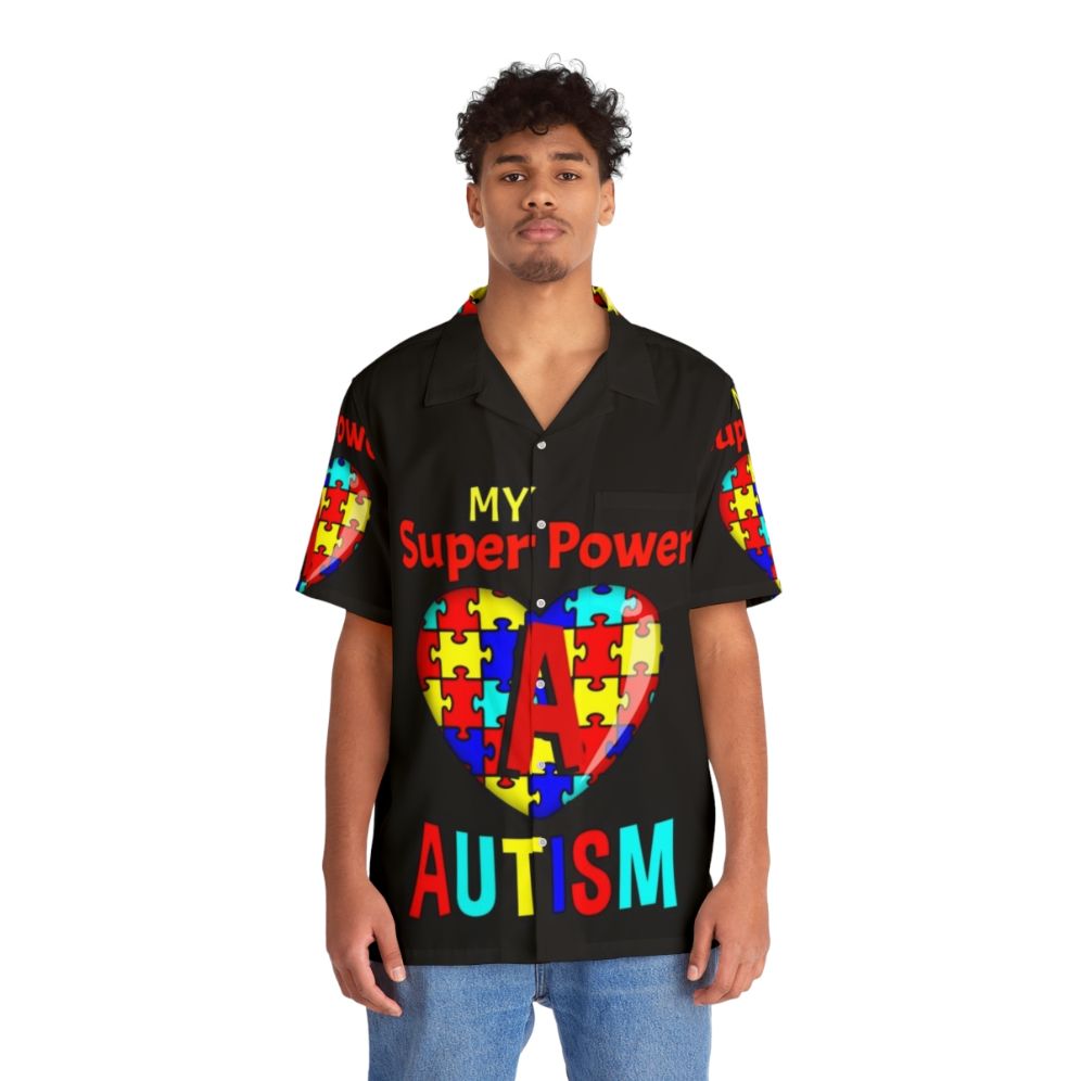 Autism Awareness Hawaiian Shirt with Puzzle Pieces and Superhero Design - People Front