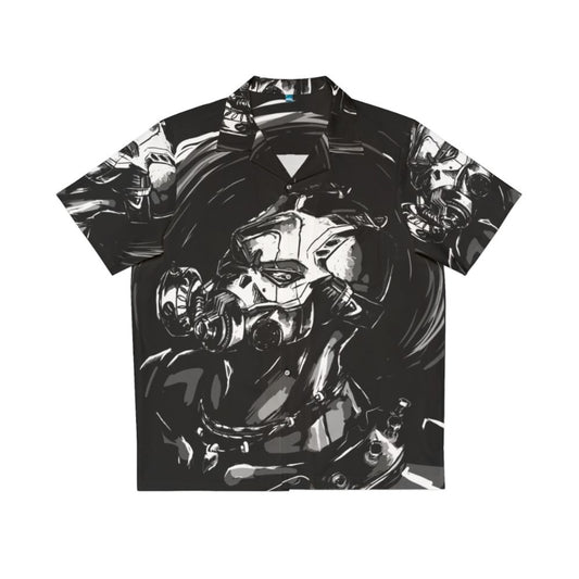 Borderlands-inspired dark graphic Hawaiian shirt with monochrome cell-shaded design