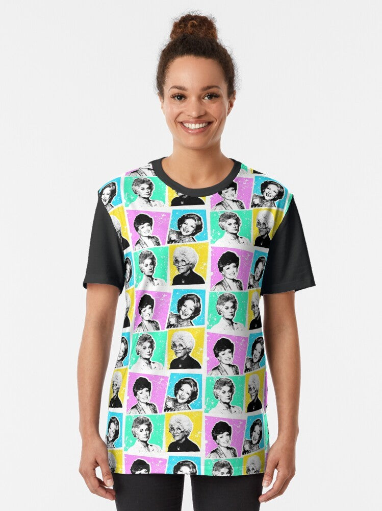 The Golden Girls Pop Art Graphic T-Shirt featuring the iconic characters Betty White, Bea Arthur, Rue McClanahan, and Estelle Getty. - Women