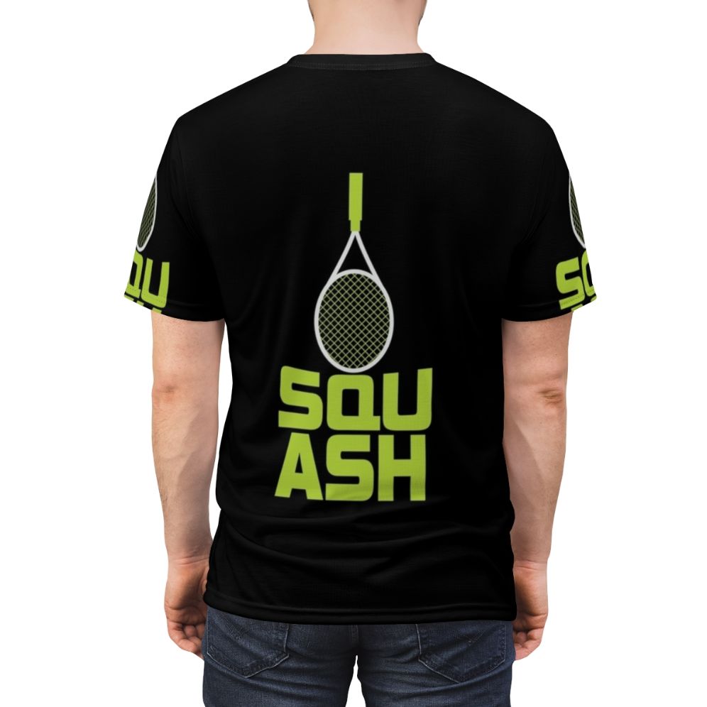 Squash racket and sports ball graphic printed on a high-quality t-shirt, perfect for squash and sports enthusiasts. - men back