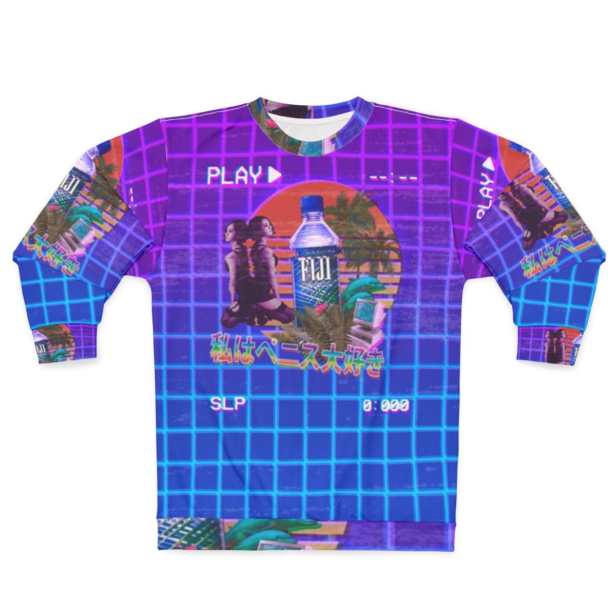 Vaporwave Fiji Bottle Sweatshirt featuring a 90s inspired, 3D cyberpunk aesthetic