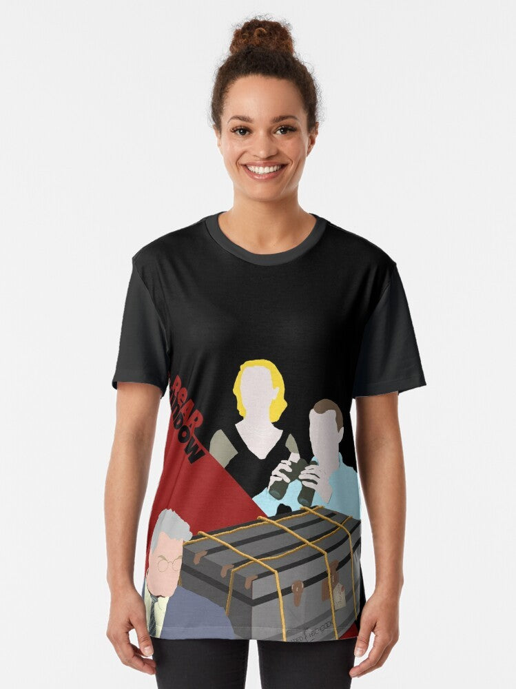 Alfred Hitchcock's "Rear Window" thriller graphic t-shirt featuring iconic characters and scenes from the classic movie. - Women