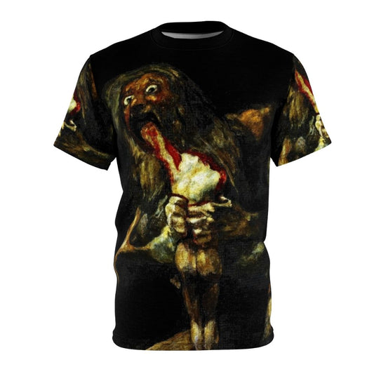 A striking black art t-shirt featuring the iconic image of Saturn devouring his son, inspired by the painting by Francisco Goya.