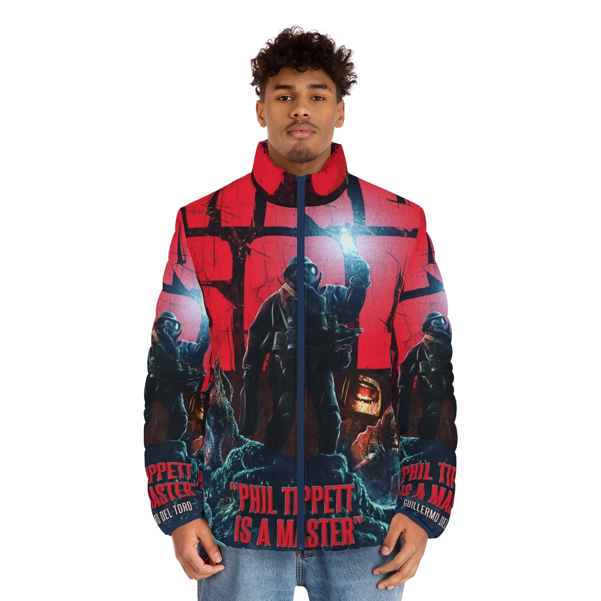 Mad God movie poster puffer jacket featuring the iconic film imagery - men front