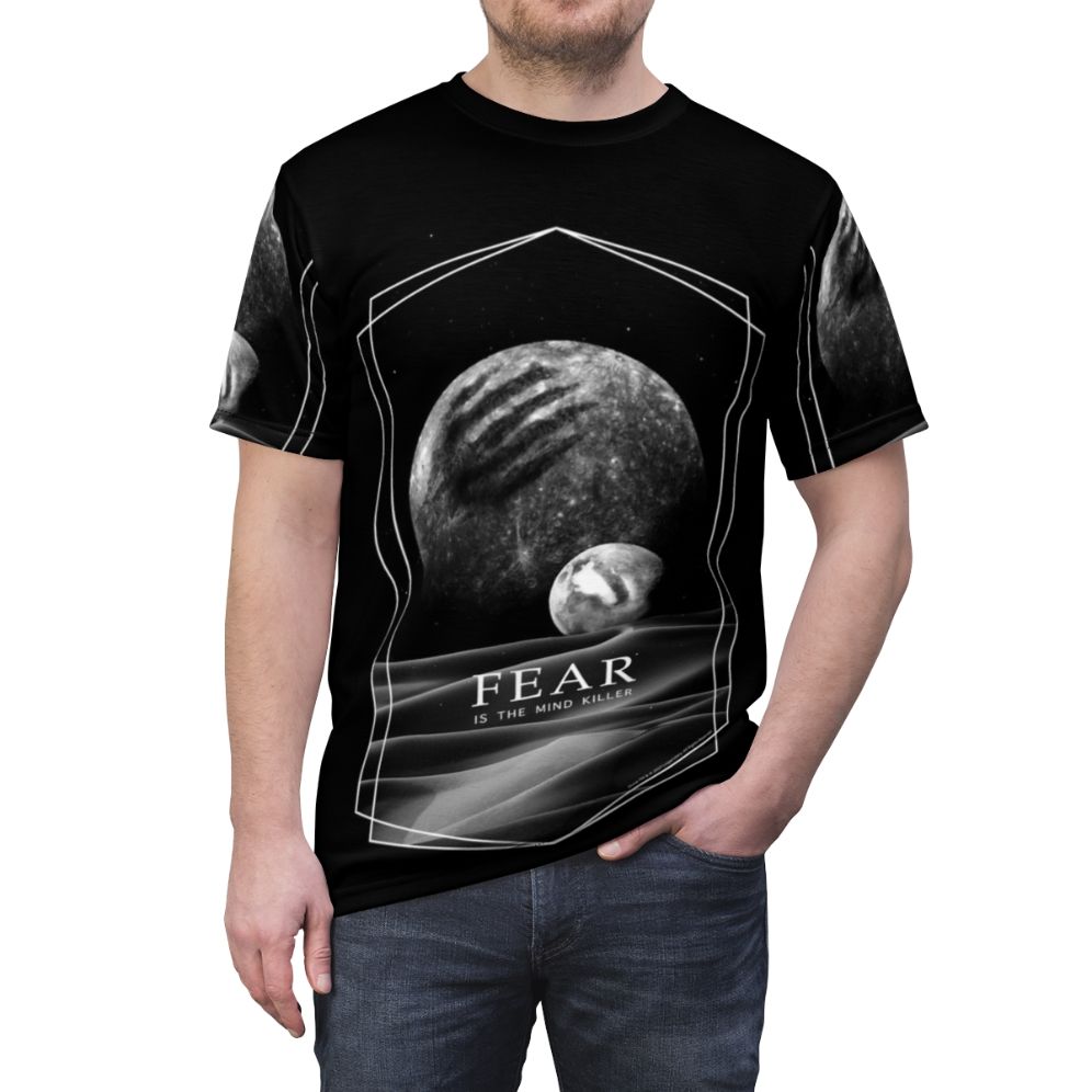 Dune inspired AOP T-shirt featuring the iconic "Fear is the mind killer" quote from the Dune franchise. - men front