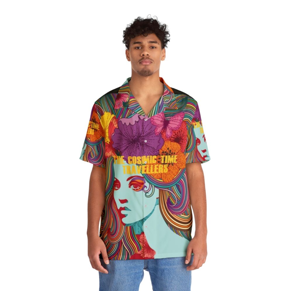 Cosmic Time Travellers Hawaiian Shirt featuring celestial patterns - People Front