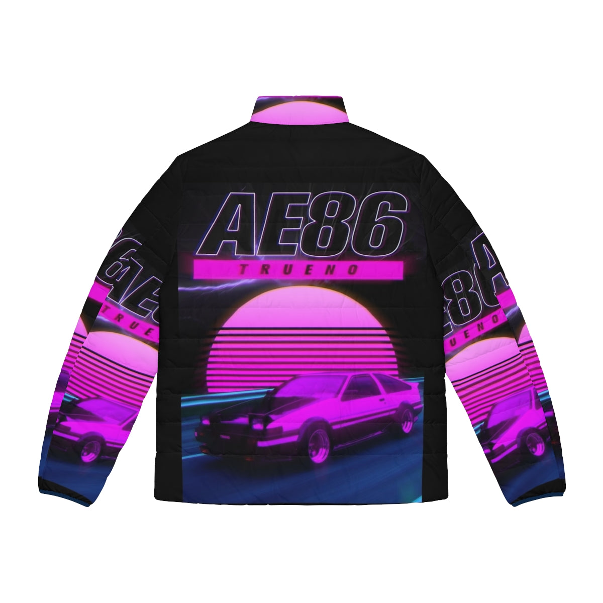 Ae86 retro synthwave puffer jacket with Initial D inspired graphics - Back