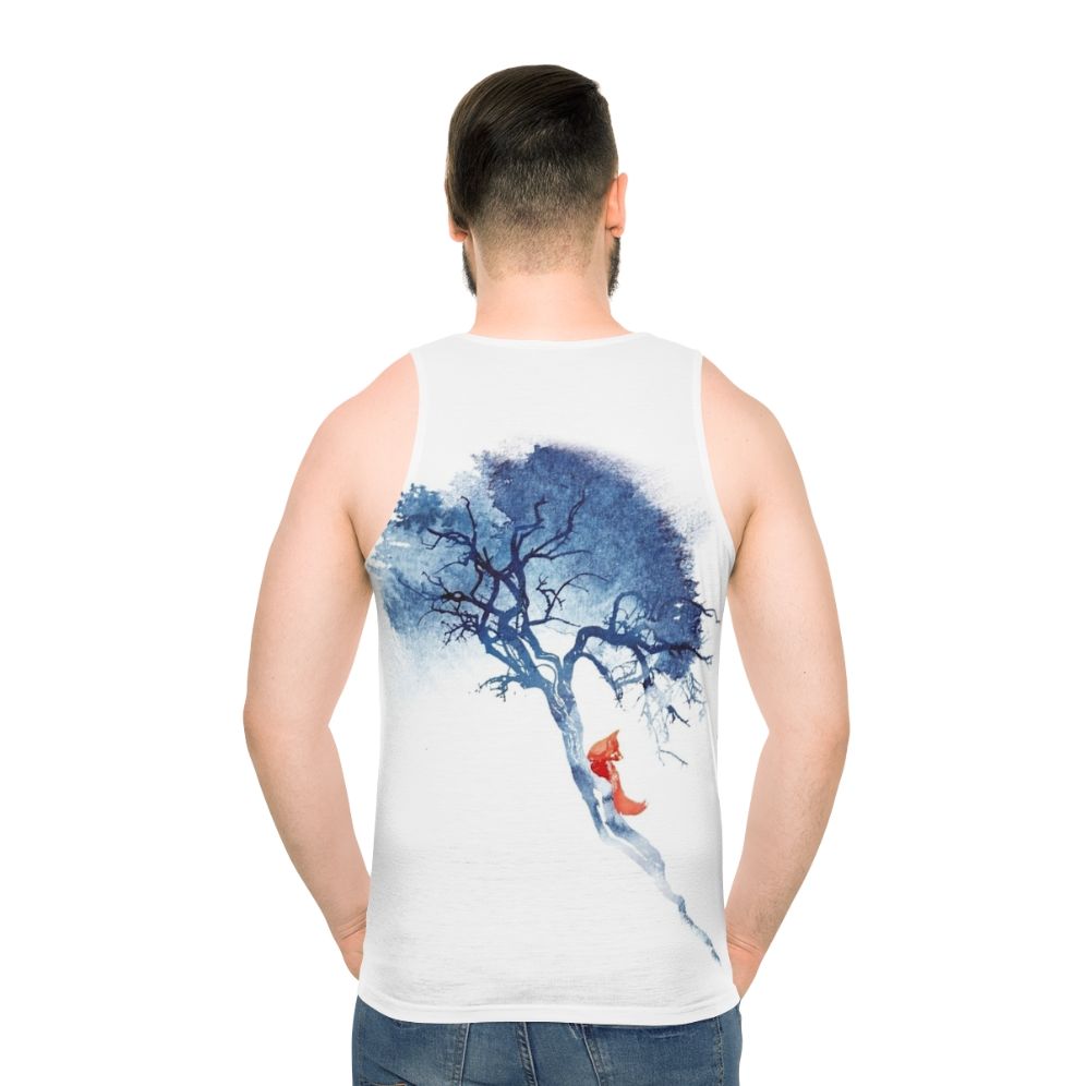 Unisex tank top with a vibrant watercolor design of a fox and tree in nature - men back