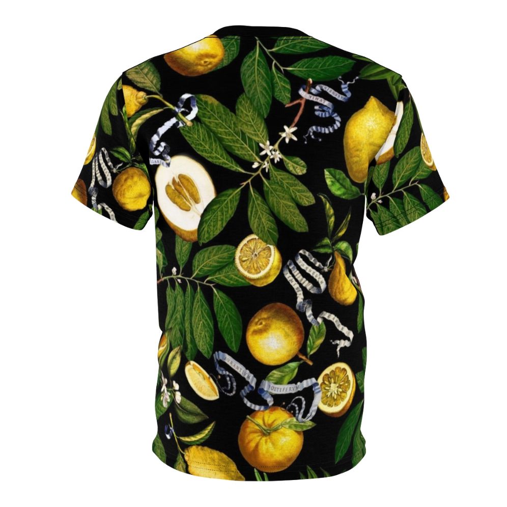 A stylish t-shirt featuring a vibrant lemon tree botanical design with tropical leaves and foliage. - Back