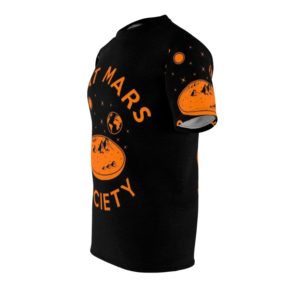 Flat Mars Society T-shirt featuring space, planets, and astronauts - men left