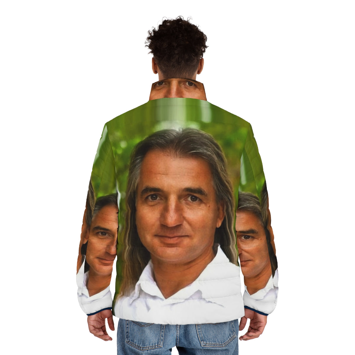 A warm and fashionable men's puffer jacket featuring the Braco Gaze of Miracles design - men back