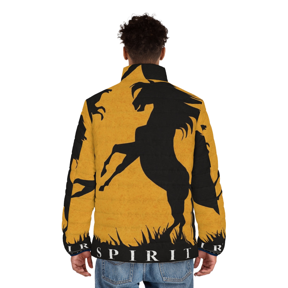 Spirit Stallion of the Cimarron minimalist puffer jacket with horse silhouette design - men back