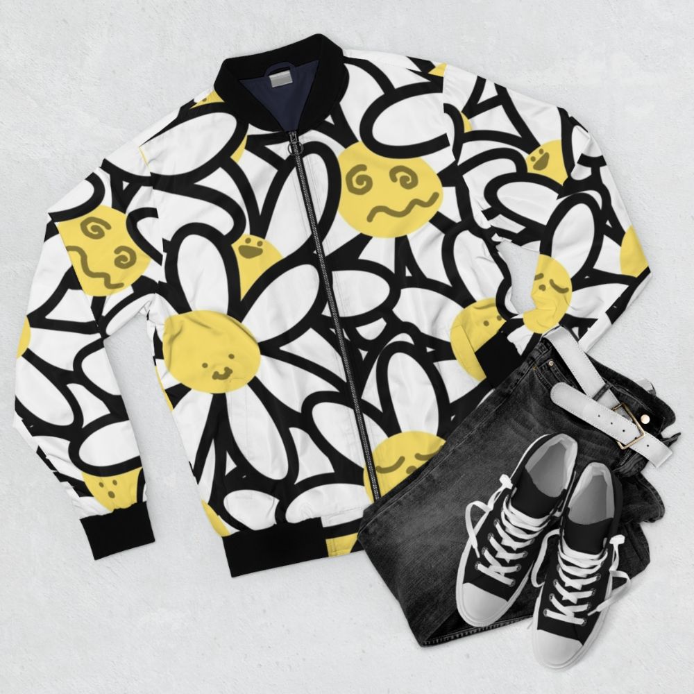 Dizzy Daisies cartoon bomber jacket with playful daisy pattern - Flat lay