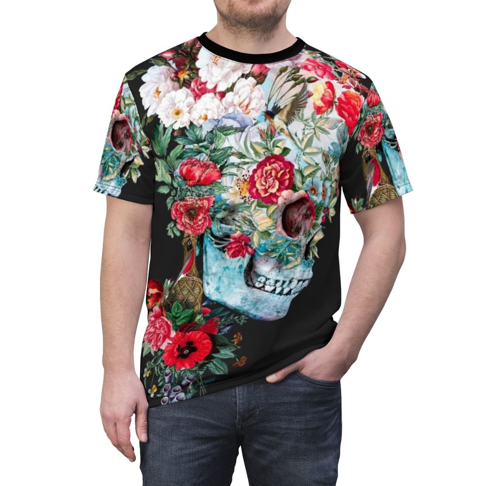 A surreal graphic t-shirt featuring a collage of gothic imagery including a skull, flowers, and other natural elements. - men front