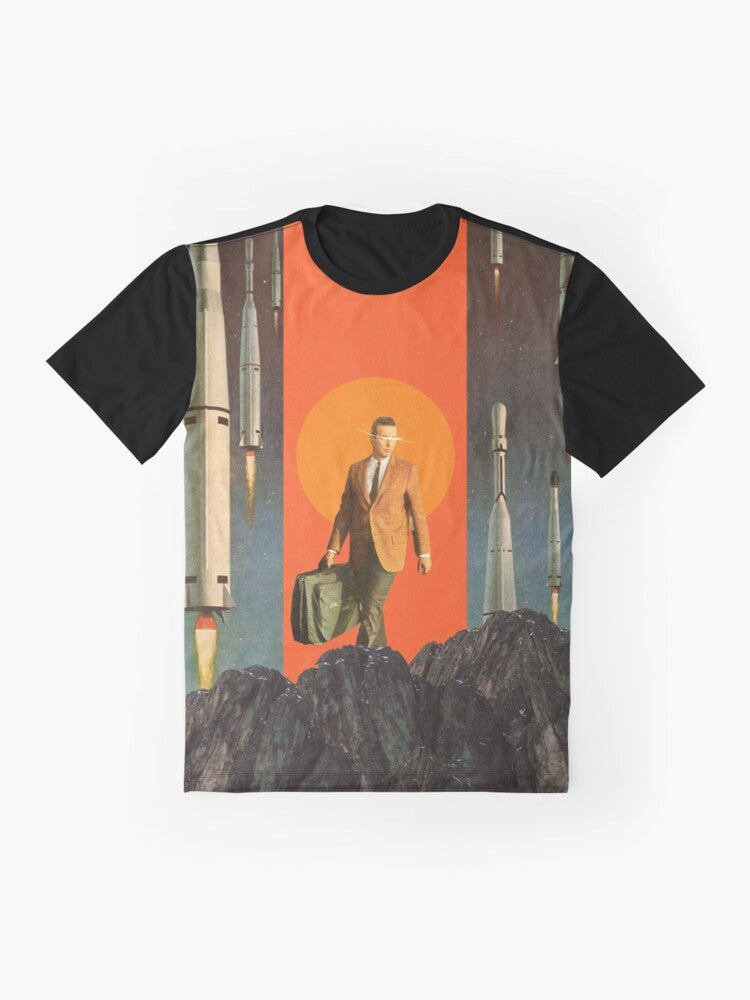 Vintage retro graphic t-shirt featuring a digital collage design with surreal, retrofuture elements of space, mountains, and abstract shapes. - Flat lay