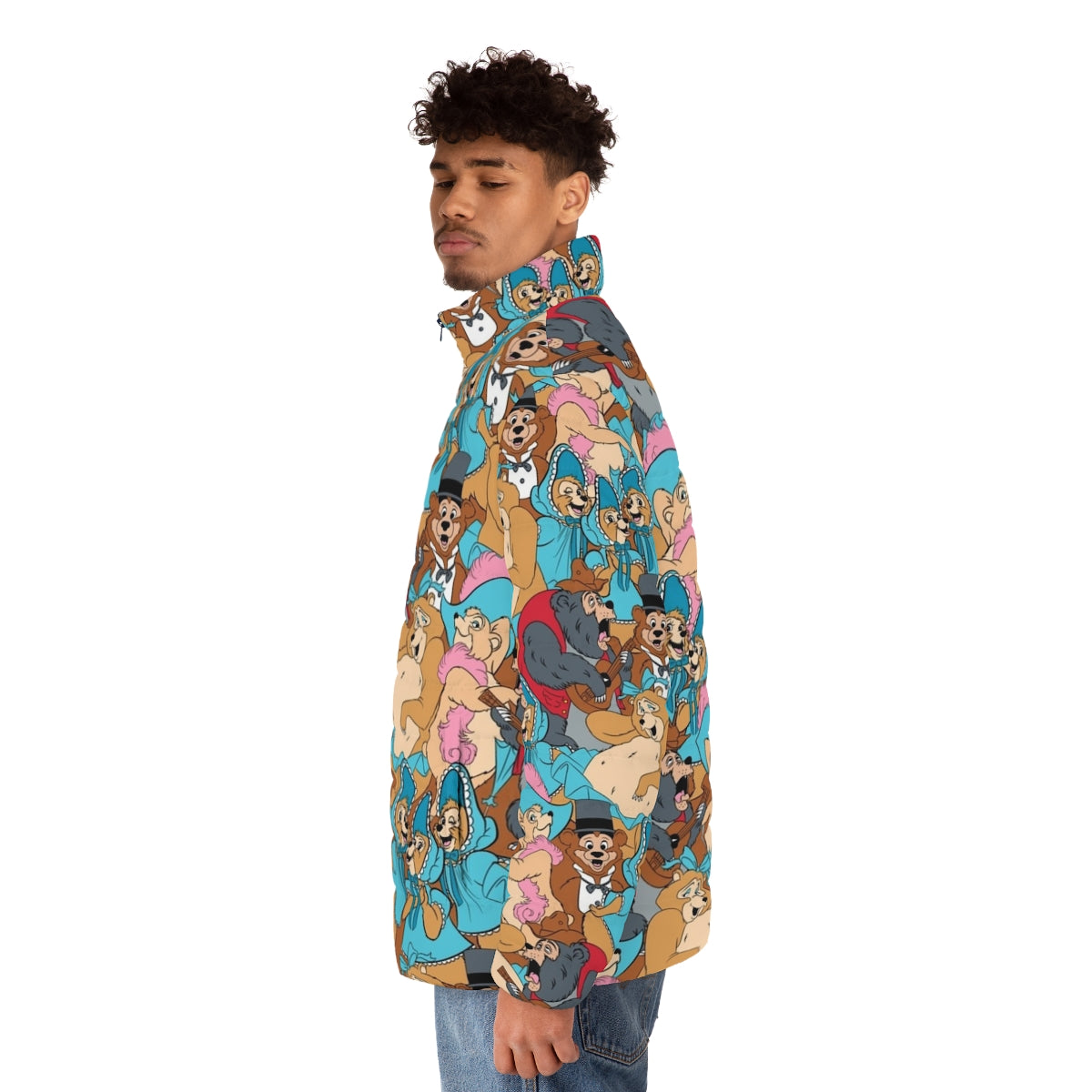 Puffer jacket featuring a charming Country Bear Jamboree pattern with characters like Big Al, Trixie, and Teddi Barra - men side left