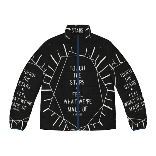 A puffer jacket with a starry night design, featuring a lyrical quote and a gothic, grunge aesthetic.