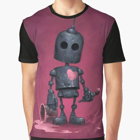 An artistic graphic t-shirt featuring a robot with a heart, in pink and red colors.