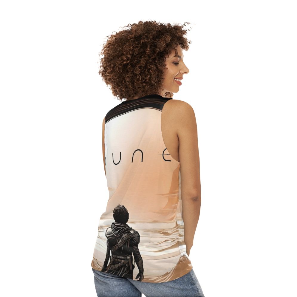 Dune Unisex Tank Top featuring the iconic desert landscape and imagery from the sci-fi classic - women back