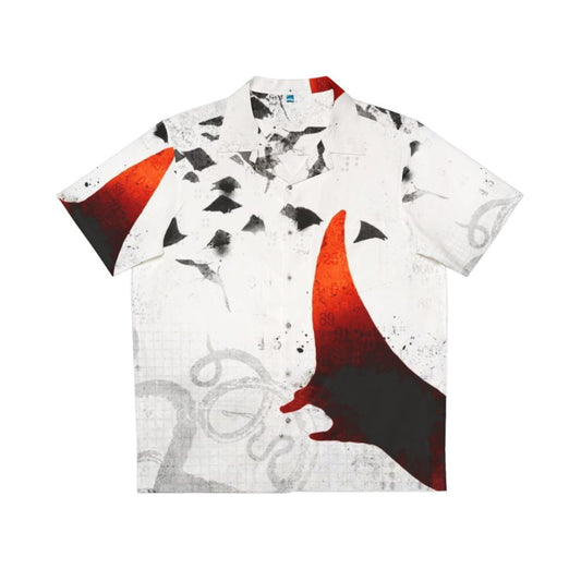 Red Hawaiian shirt featuring a manta ray and ocean life design