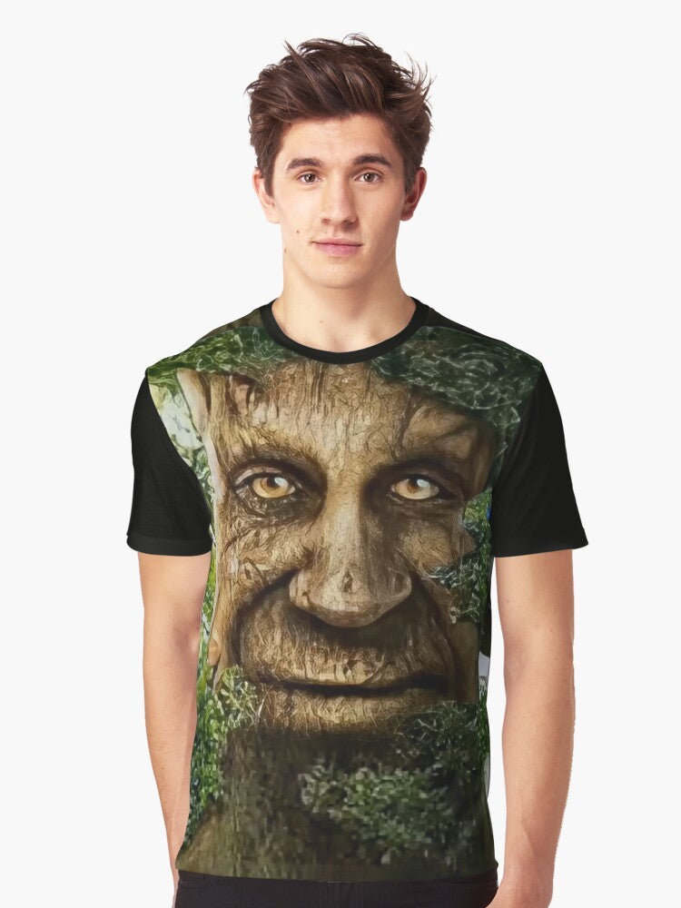 A graphic t-shirt featuring a wise, mystical tree meme design. - Men