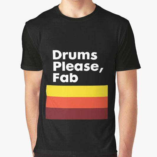 Graphic t-shirt with drums and "Drums Please" text, inspired by the indie band The Strokes.