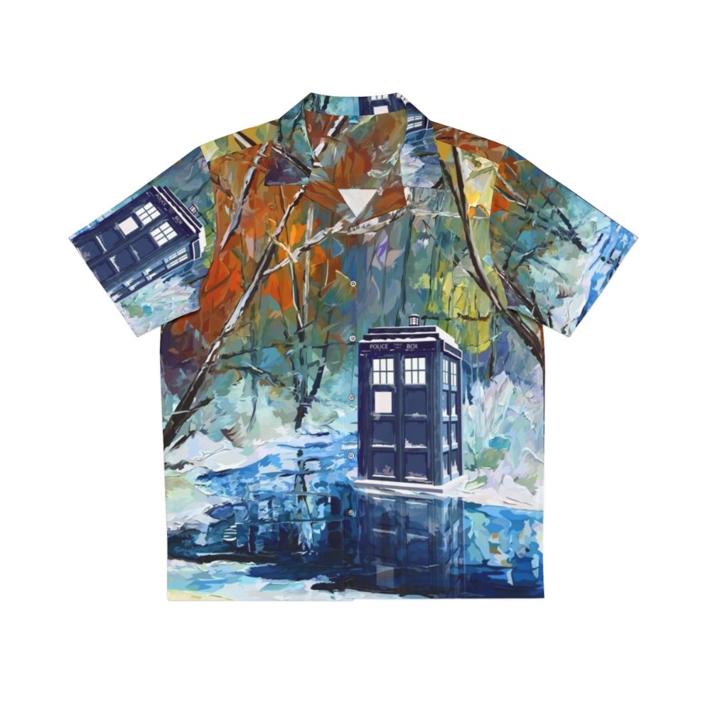 Blue Phone Booth Hawaiian Shirt with Winter Wonderland Scenery