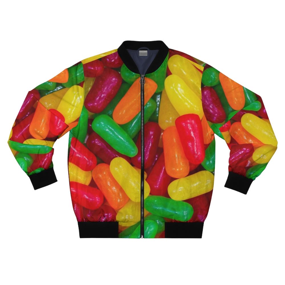 Colorful Mike and Ikes candy in a bomber jacket design