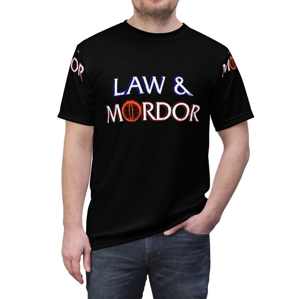 Mockup of a high-quality t-shirt with a "Law and Mordor" design, showcasing a play on words from the Lord of the Rings franchise. - men front