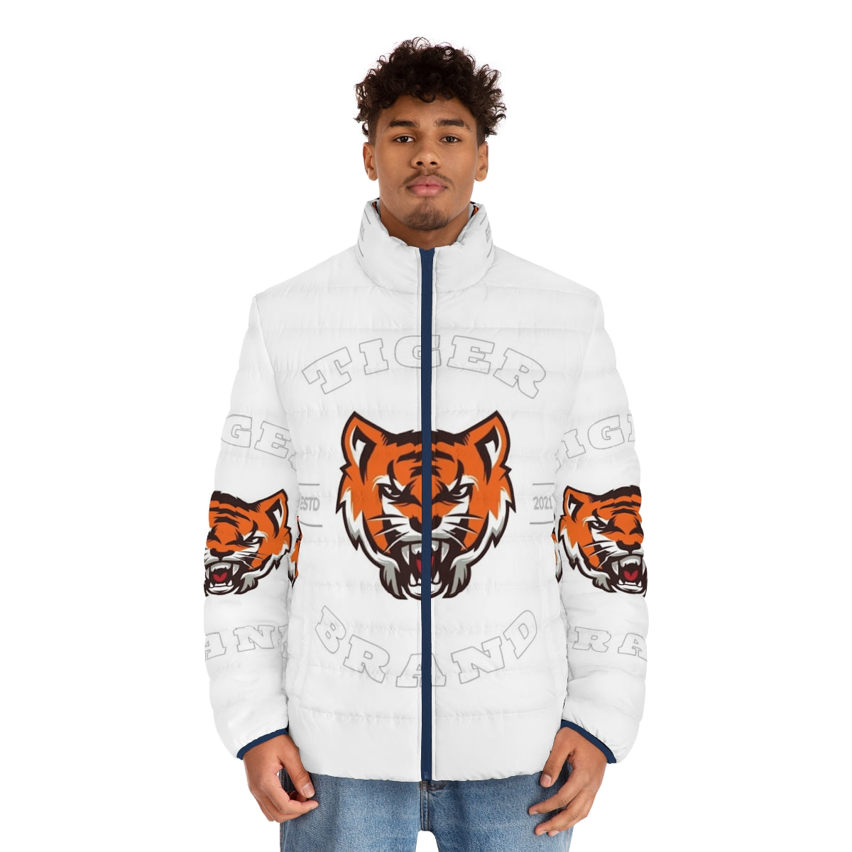 Colorful tiger print puffer jacket - men front