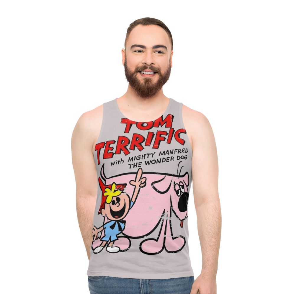 Retro unisex tank top featuring the cartoon character Tom Terrific - men