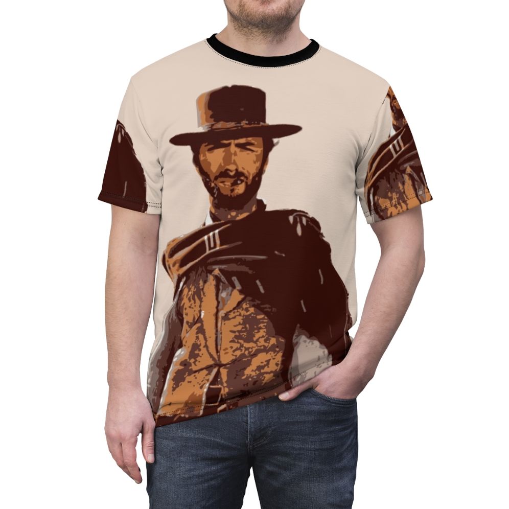 Retro Clint Eastwood portrait t-shirt with cowboy and western-inspired design - men front